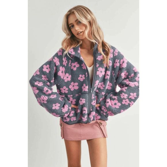 Trendy Flower Fleece Jacket Full Zip - Picture 3 of 3